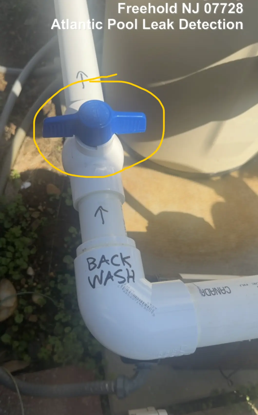 Pool backwash valve in the closed position with the backwash plumbing labeled at a Freehold, NJ property