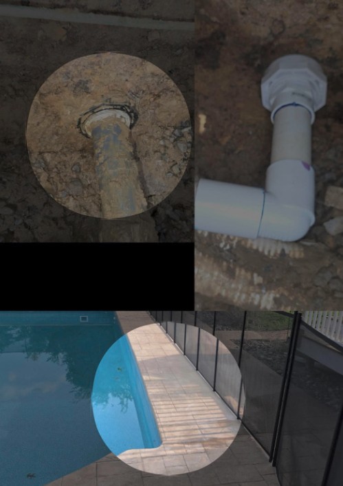Three-panel image showing the broken underground pool return-line connection, completed pipe repair and original concrete patio reset after excavation in Freehold Township, New Jersey