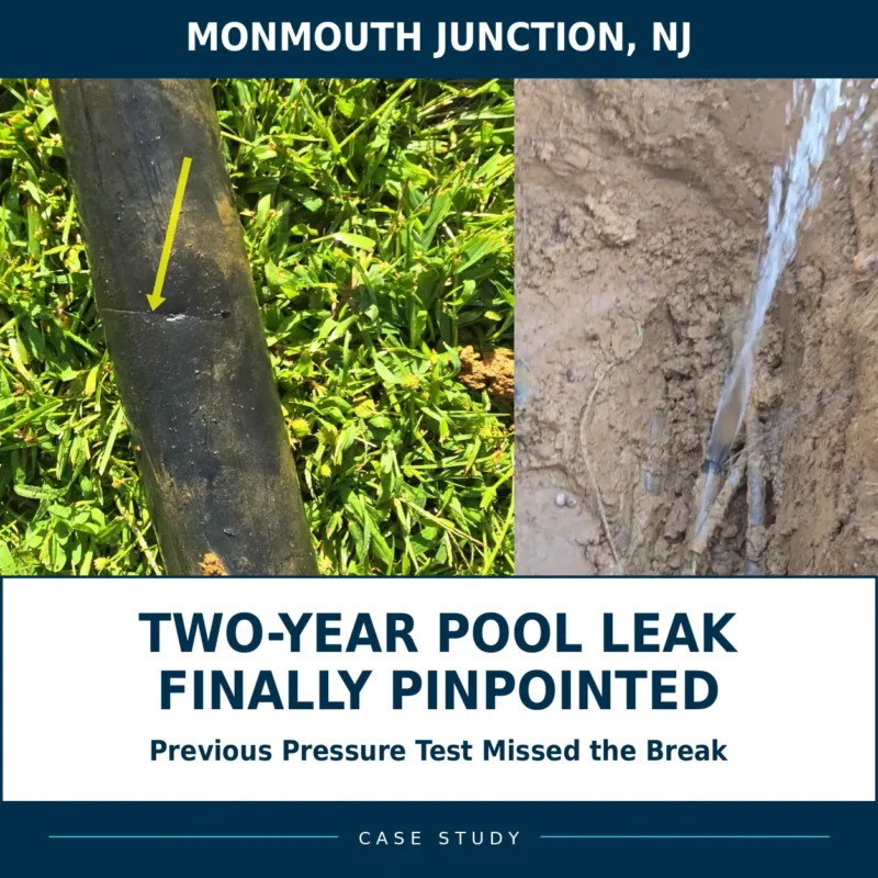 Monmouth Junction NJ broken deep-end skimmer line case study showing the damaged pipe and pressure-test water surfacing through the lawn.