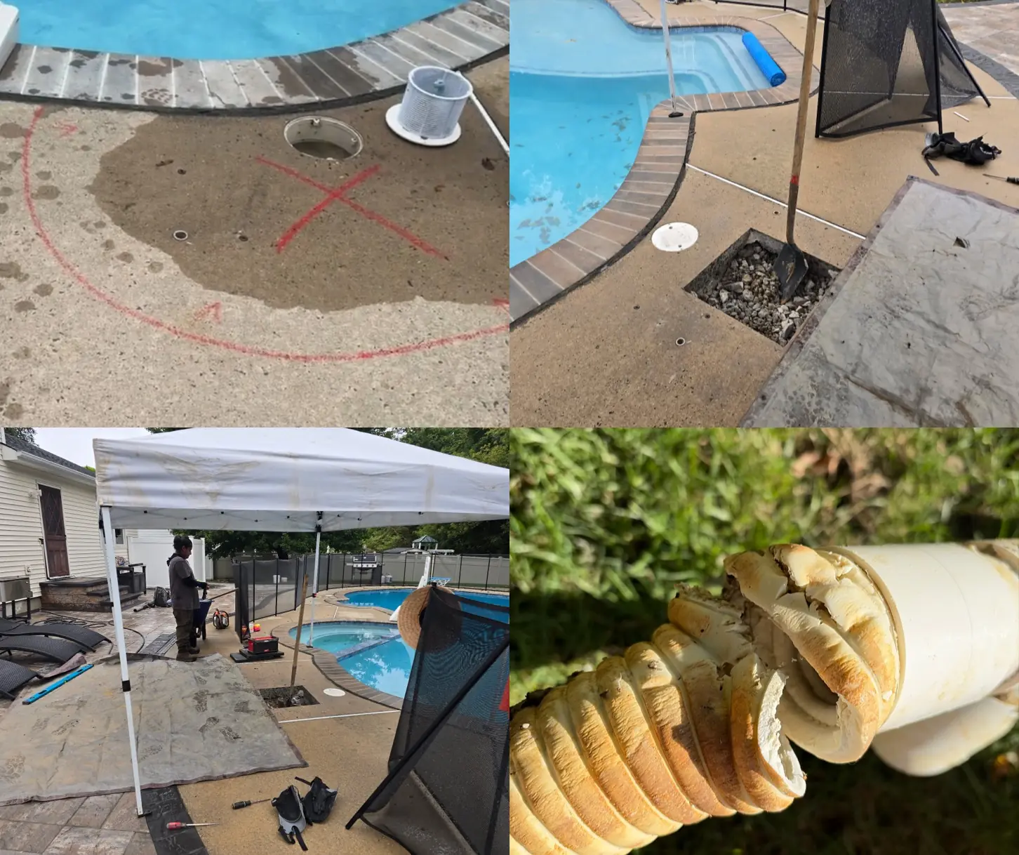 Four-photo collage showing the marked leak location, opened concrete pool deck, repair setup and broken flexible PVC shallow-skimmer pipe during a Manalapan, New Jersey pool plumbing repair